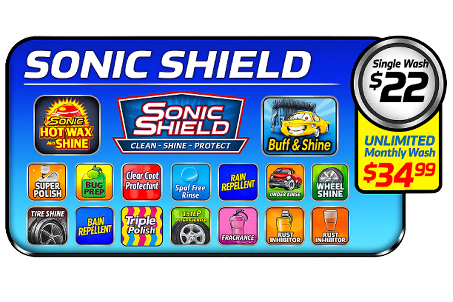 Sonic Shield Package, Sonic Suds, full service car wash, car wash service, express car wash, Greenville, South Carolina